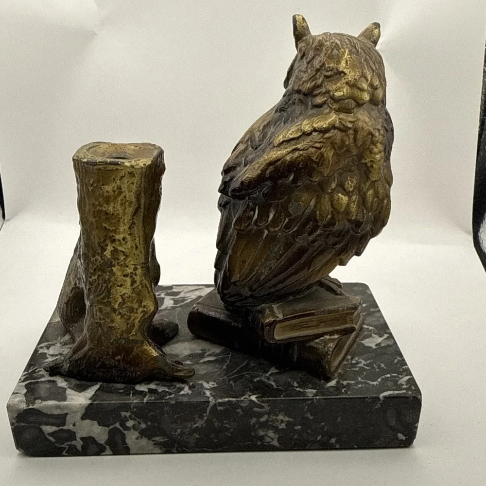 Antique Vienna Cold Painted Bronze Marble Owl Table Lighter Bergman Style